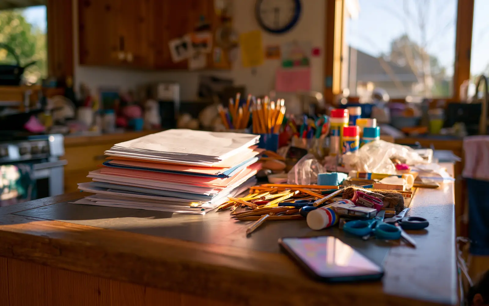 A tall stack of school papers and colored folders on a kitchen counter in golden light, pencils and school supplies scattered beside it